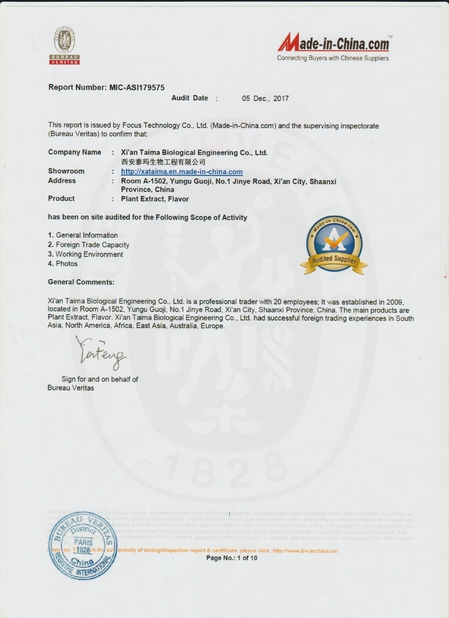 China Xi'an Taima Biological Engineering Co.Ltd certificaciones